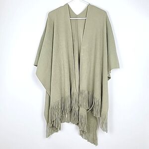 Mulberry Knit Moss-Coloured Open Front  Fringed Shawl Wrap Cape
